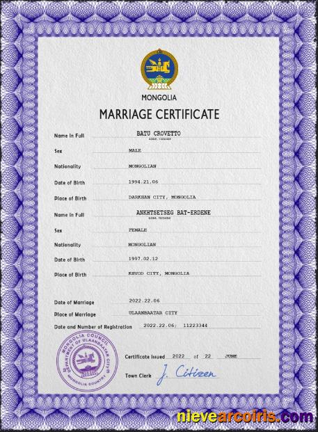 Mongolia marriage certificate